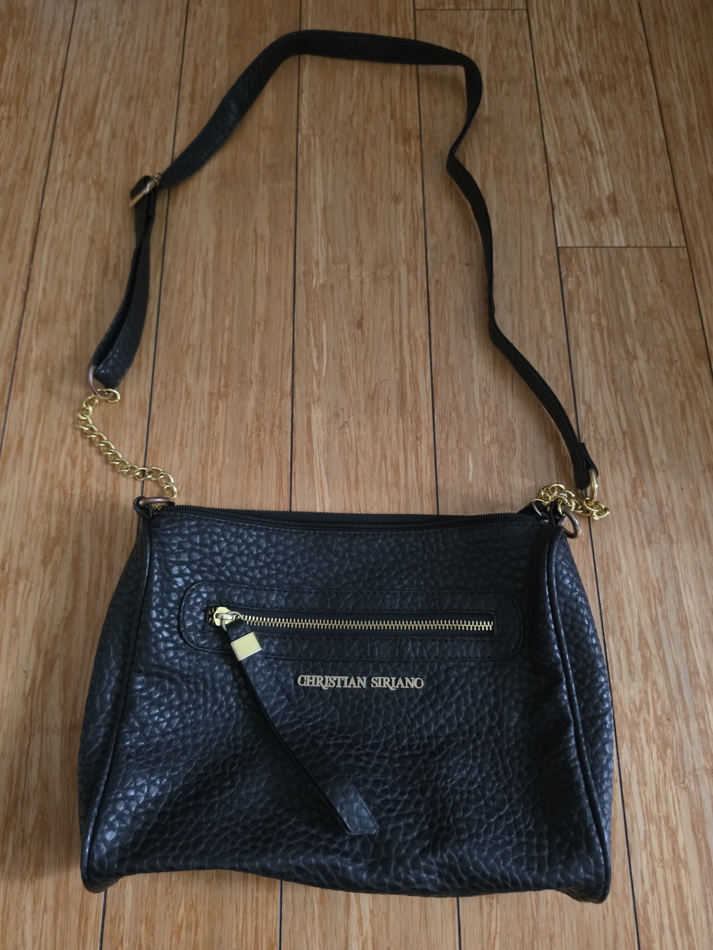 Christian Siriano Black Pebbled Crossbody with Gold Accents